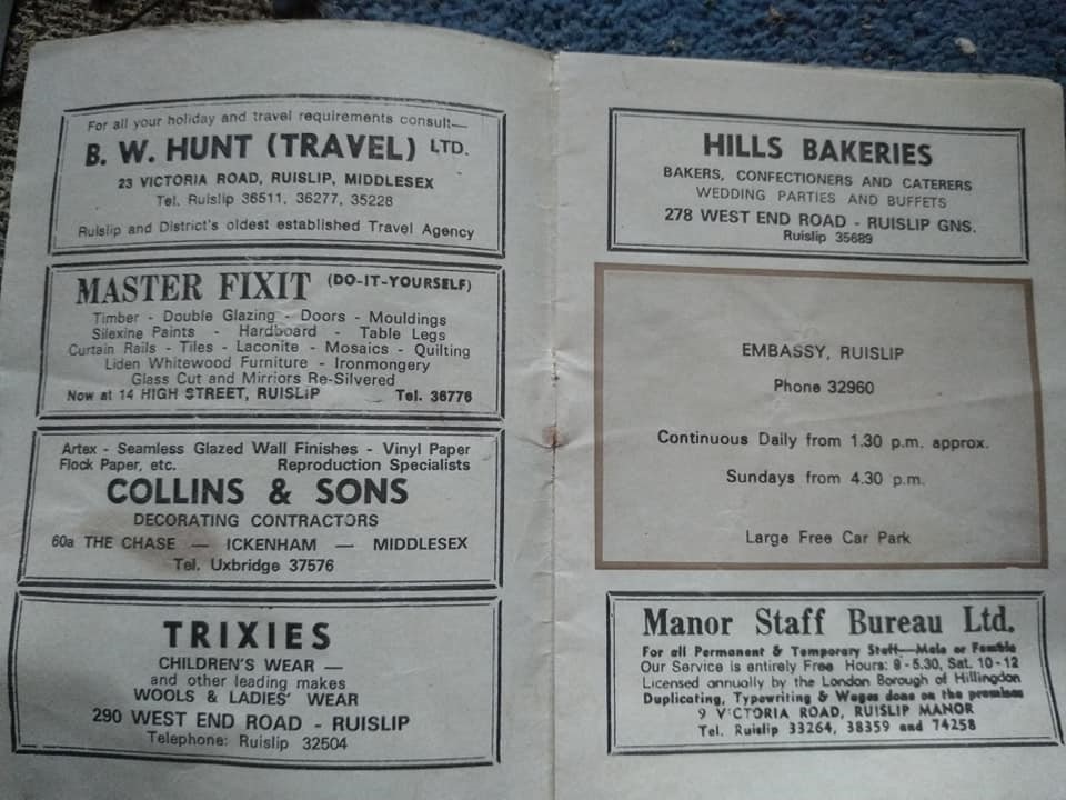 Embassy Ruislip Programme Adverts 1