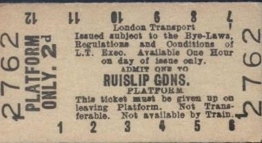 Ruislip Gardens Platform Ticket